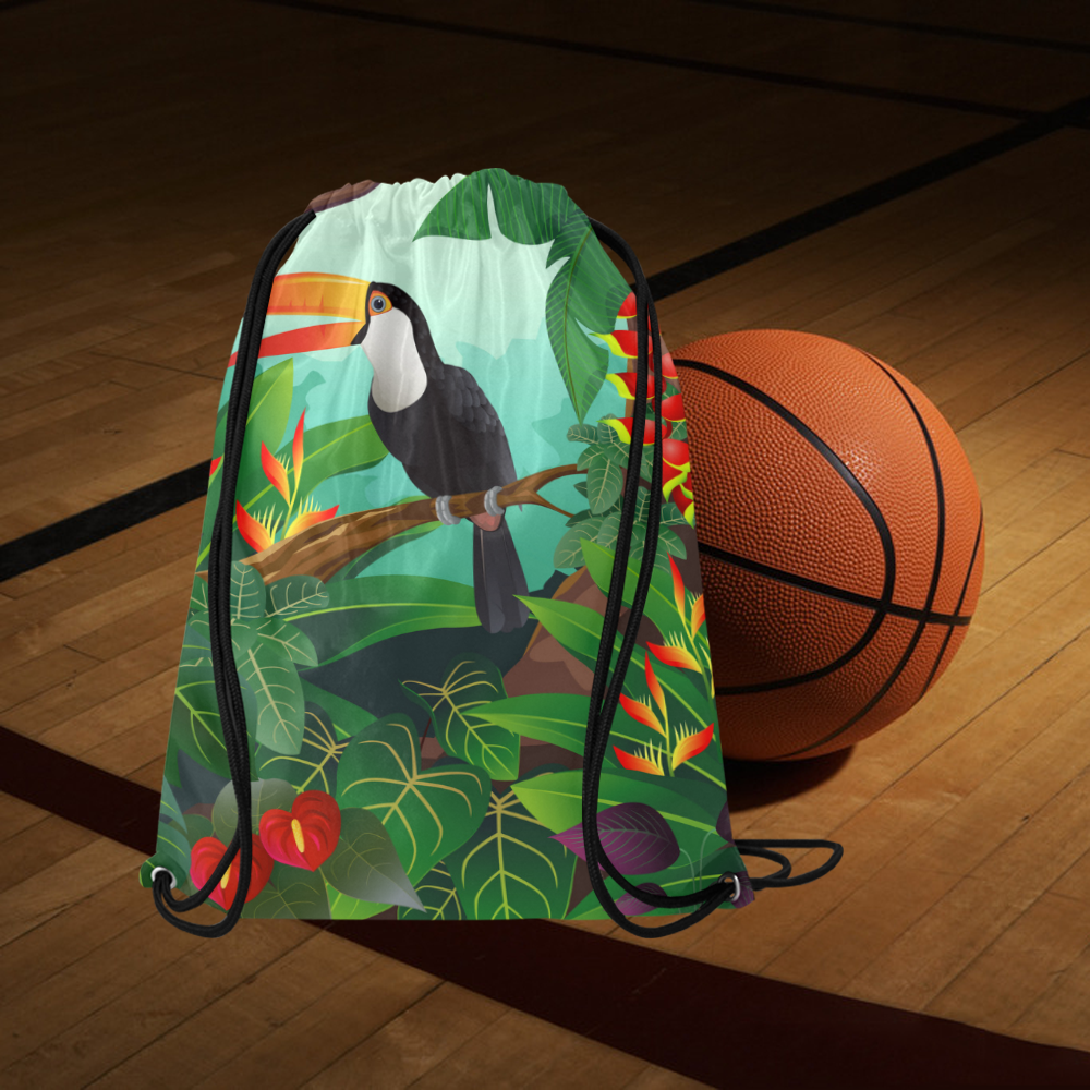 Toucan Tropical Jungle Floral Landscape Medium Drawstring Bag Model 1604 (Twin Sides) 13.8"(W) * 18.1"(H)