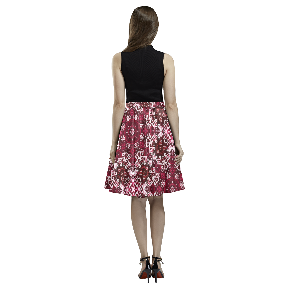 Boho Red Fancy Tiles Melete Pleated Midi Skirt (Model D15)