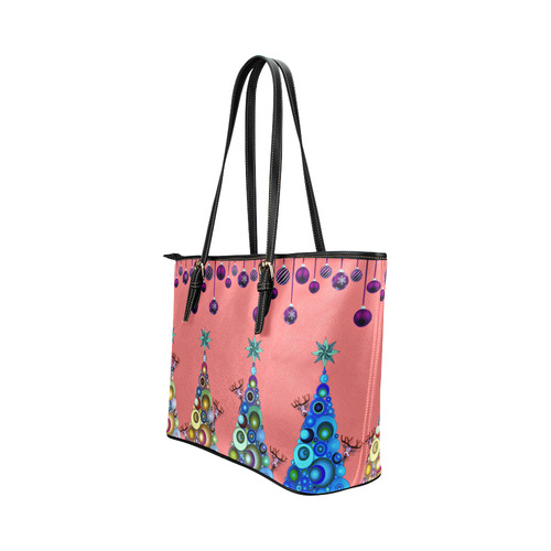 Peek a boo reindeers on pink Leather Tote Bag/Small (Model 1651)