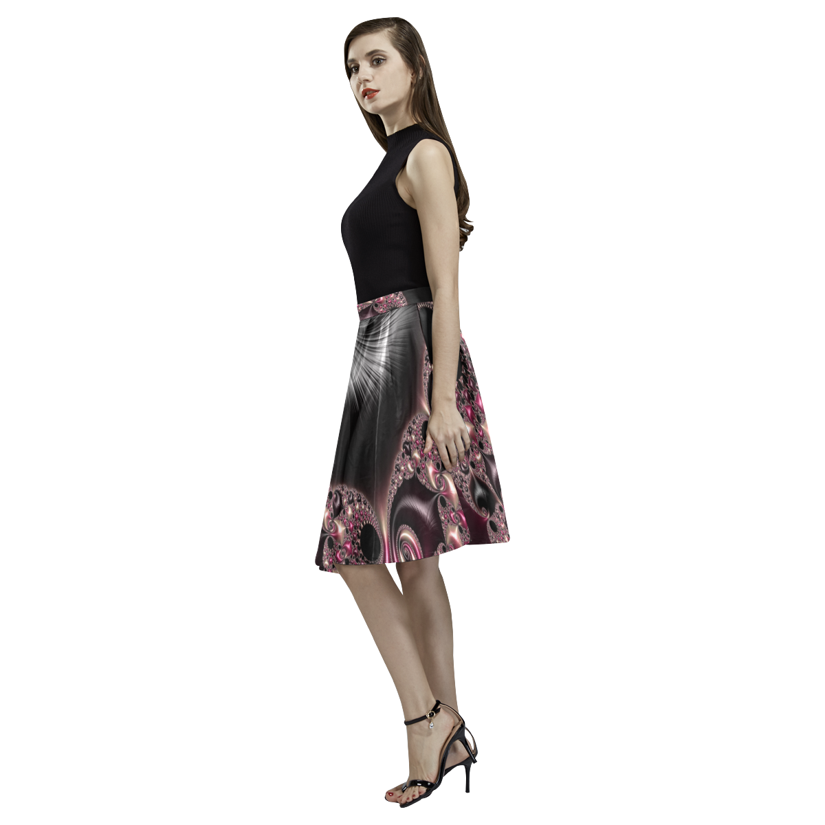 Dark Raspberry Swirl Melete Pleated Midi Skirt (Model D15)