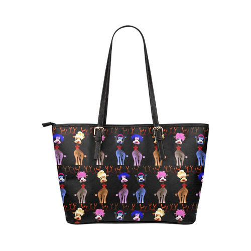 Funny Reindeer Gals on black Leather Tote Bag/Small (Model 1651)