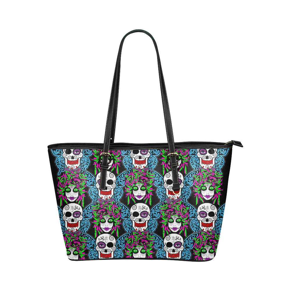 Sugarskull and wings Leather Tote Bag/Small (Model 1651)