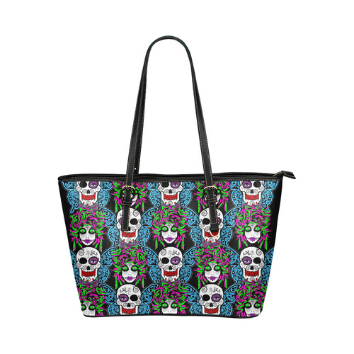 Sugarskull and wings Leather Tote Bag/Small (Model 1651)