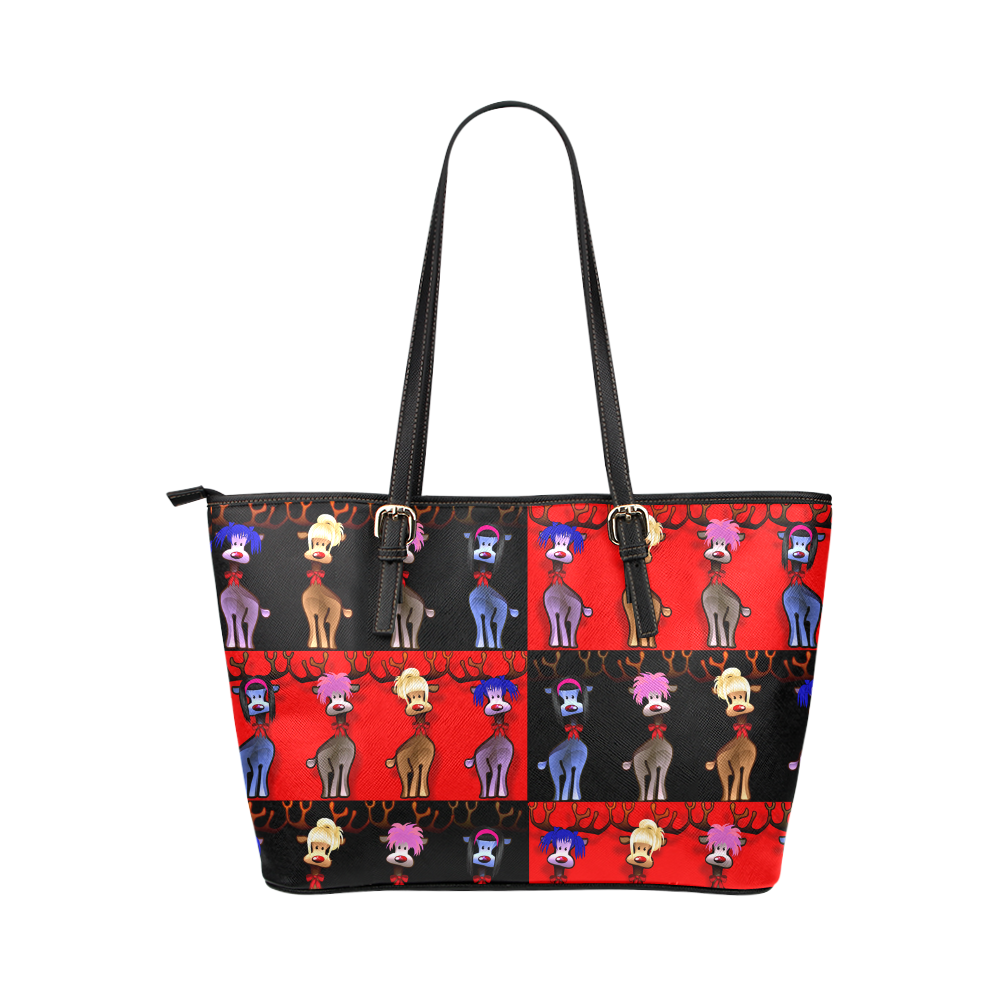 Funny Reindeer Gals on black and  red Leather Tote Bag/Small (Model 1651)