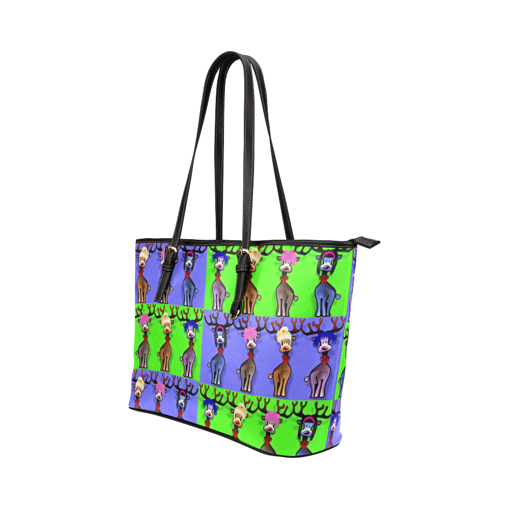 Funny Reindeer Gals on blue and green Leather Tote Bag/Small (Model 1651)