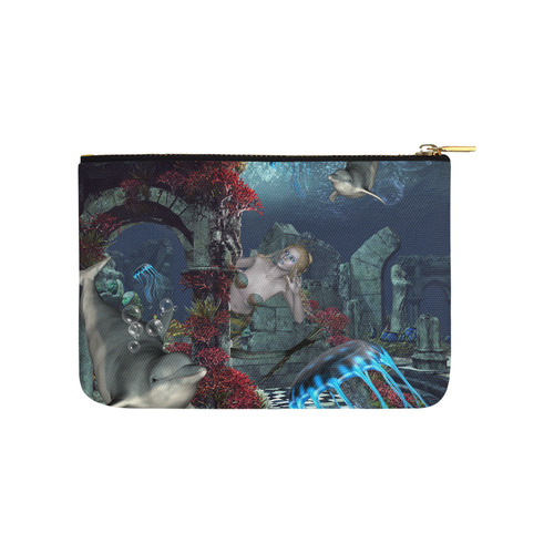 Beautiful mermaid swimming with dolphin Carry-All Pouch 9.5''x6''