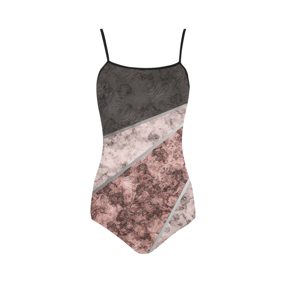 Pink and gray marble . patchwork Strap Swimsuit ( Model S05)