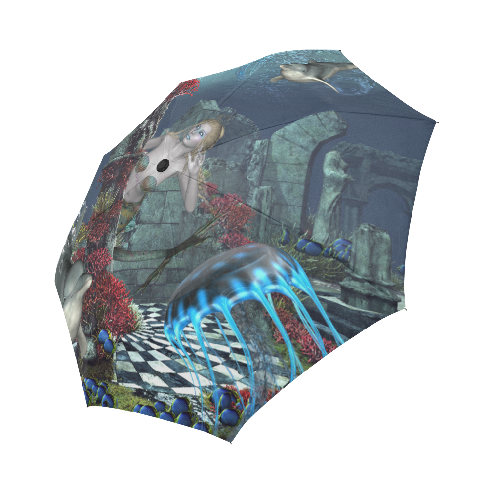 Beautiful mermaid swimming with dolphin Auto-Foldable Umbrella (Model U04)