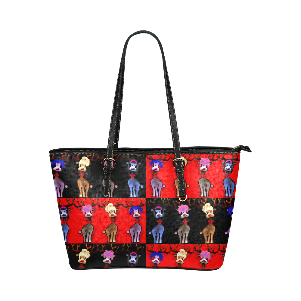 Funny Reindeer Gals on black and  red Leather Tote Bag/Small (Model 1651)