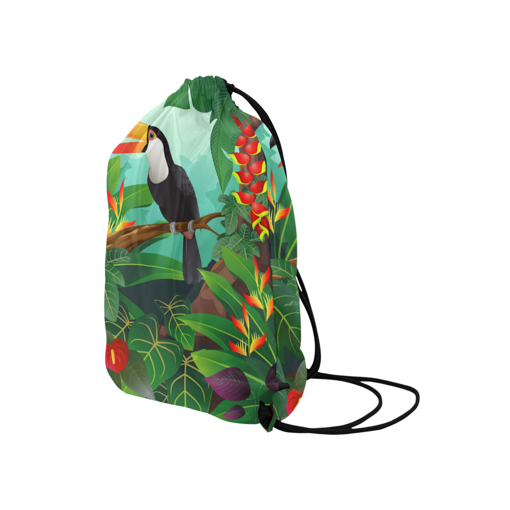 Toucan Tropical Jungle Floral Landscape Medium Drawstring Bag Model 1604 (Twin Sides) 13.8"(W) * 18.1"(H)