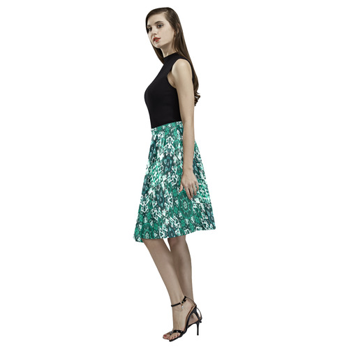 Bohemian Aqua Green Fancy Tile Melete Pleated Midi Skirt (Model D15)