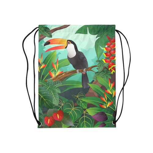Toucan Tropical Jungle Floral Landscape Medium Drawstring Bag Model 1604 (Twin Sides) 13.8"(W) * 18.1"(H)