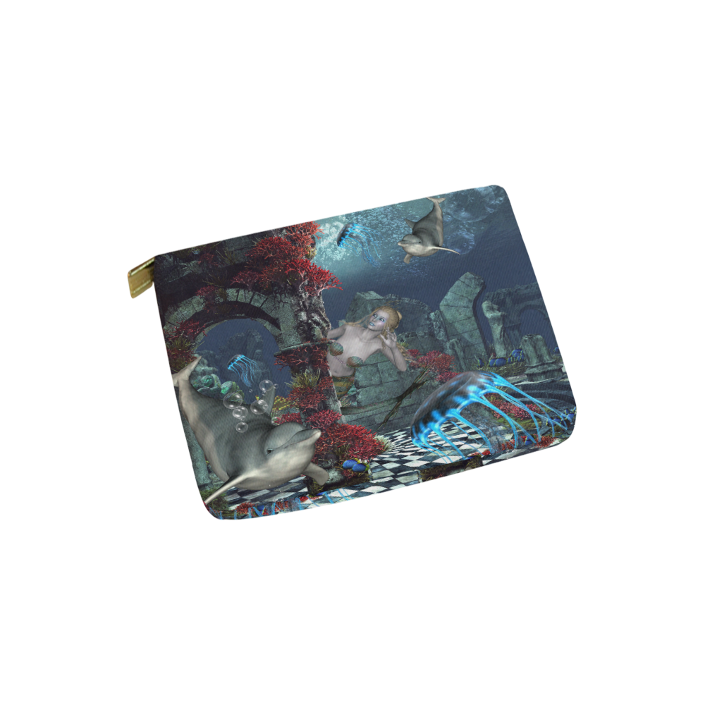 Beautiful mermaid swimming with dolphin Carry-All Pouch 6''x5''