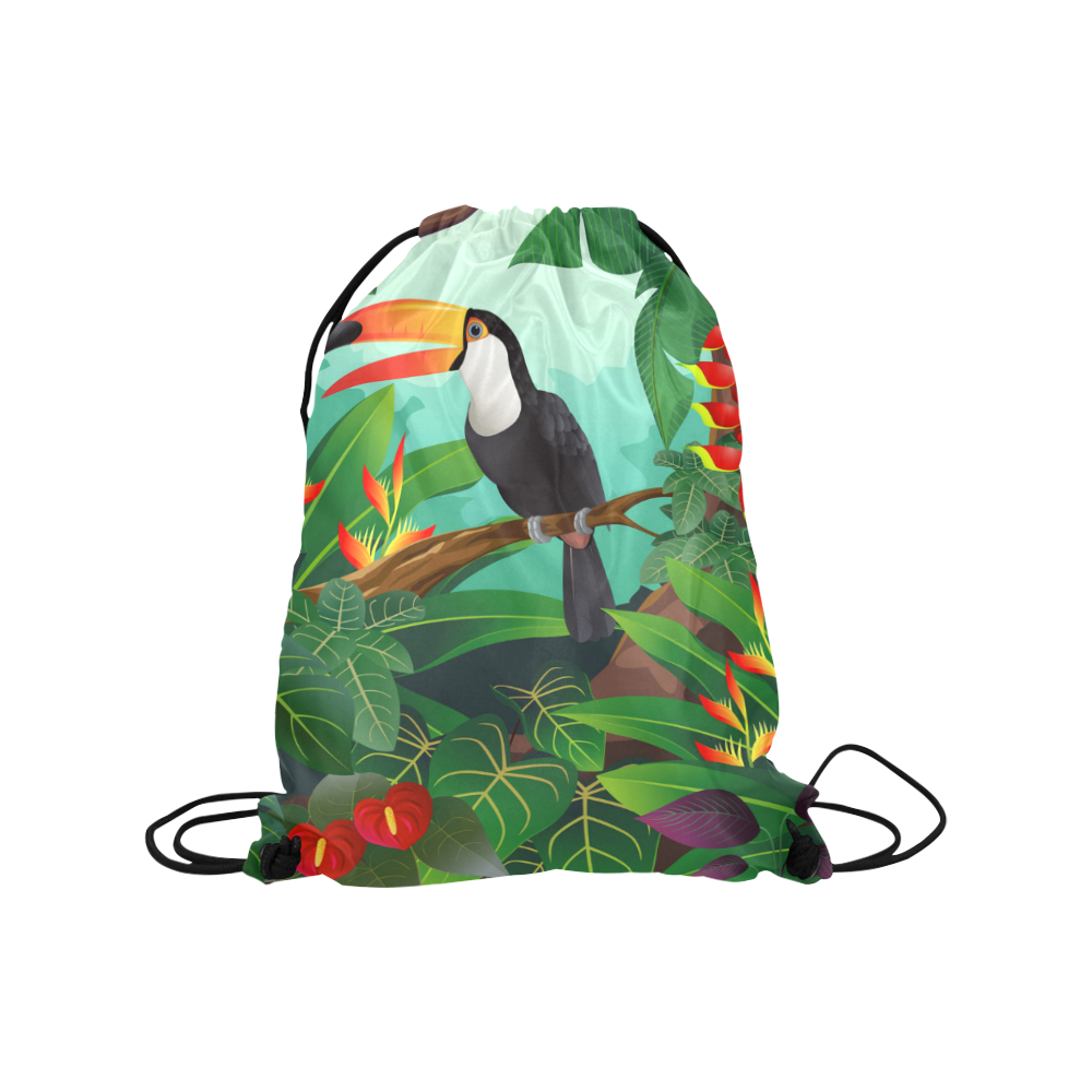 Toucan Tropical Jungle Floral Landscape Medium Drawstring Bag Model 1604 (Twin Sides) 13.8"(W) * 18.1"(H)