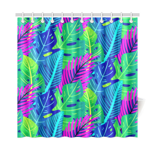 Green Blue Pink Tropical Leaves Pattern Shower Curtain 72"x72"