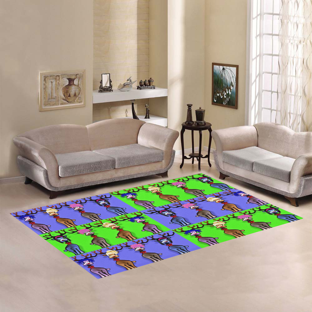 Funny Reindeer Gals on blue and green Area Rug7'x5'