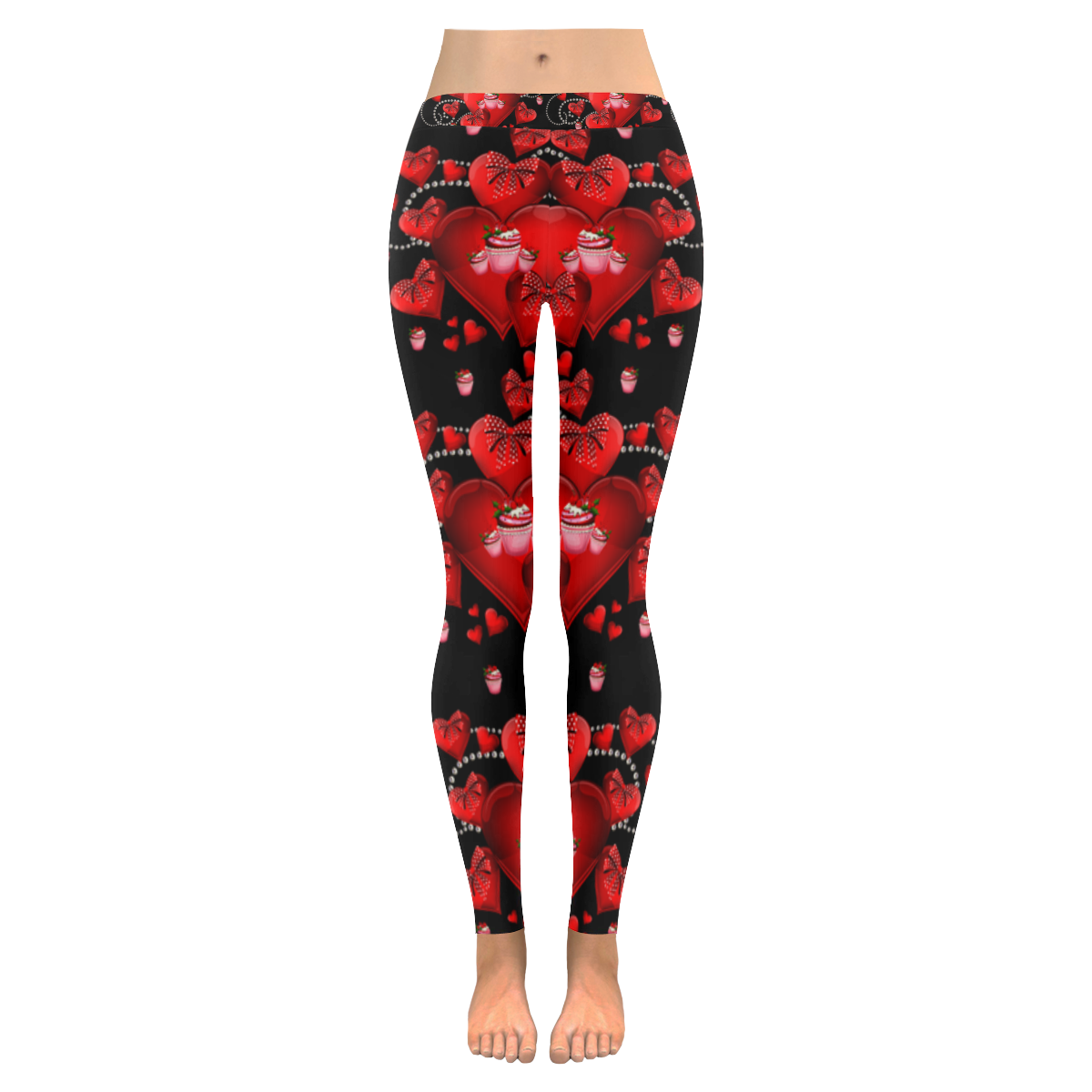 Rockabilly hearts and bows Women's Low Rise Leggings (Invisible Stitch) (Model L05)