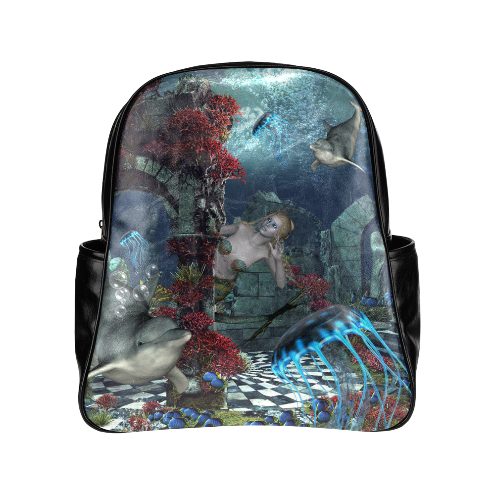 Beautiful mermaid swimming with dolphin Multi-Pockets Backpack (Model 1636)