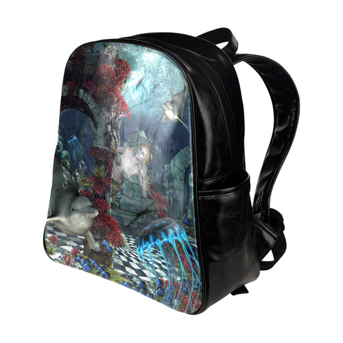 Beautiful mermaid swimming with dolphin Multi-Pockets Backpack (Model 1636)