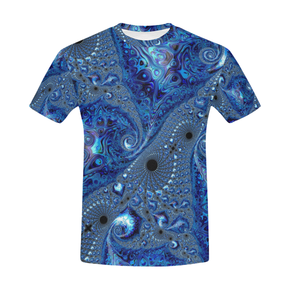 Sapphire Ocean Waves and Shells Fractal Abstract All Over Print T-Shirt for Men (USA Size) (Model T40)