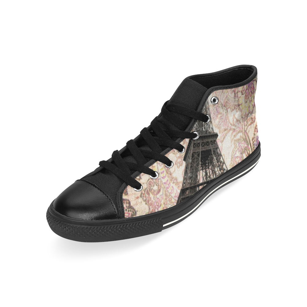 Floral Eiffel Tower High Top Canvas Women's Shoes/Large Size (Model 017)