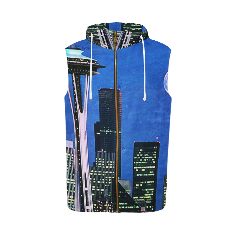 Seattle Space Needle Watercolor All Over Print Sleeveless Zip Up Hoodie for Men (Model H16)