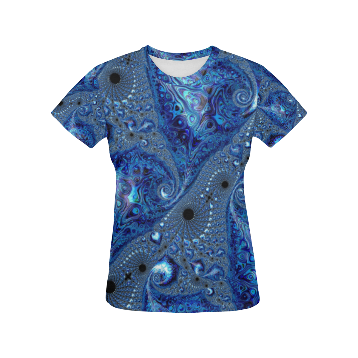 Sapphire Ocean Waves and Shells Fractal Abstract All Over Print T-Shirt for Women (USA Size) (Model T40)