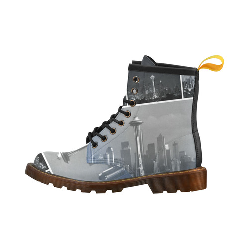 Grey Seattle Space Needle Collage High Grade PU Leather Martin Boots For Women Model 402H
