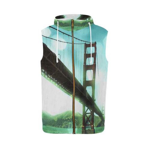 Green Bokeh Golden Gate Bridge All Over Print Sleeveless Zip Up Hoodie for Men (Model H16)