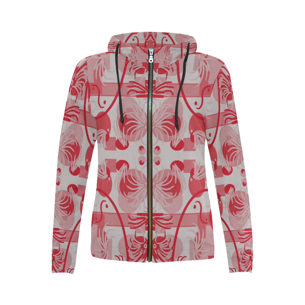 Foliage in red and gray All Over Print Full Zip Hoodie for Women (Model H14)