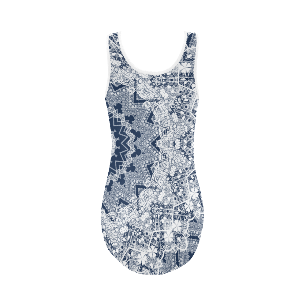 Blue white lace pattern. Vest One Piece Swimsuit (Model S04)