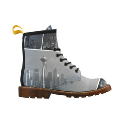 Grey Seattle Space Needle Collage High Grade PU Leather Martin Boots For Women Model 402H