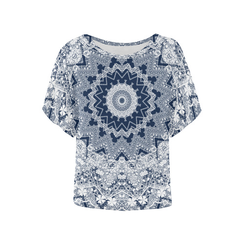 Blue white lace pattern. Women's Batwing-Sleeved Blouse T shirt (Model T44)