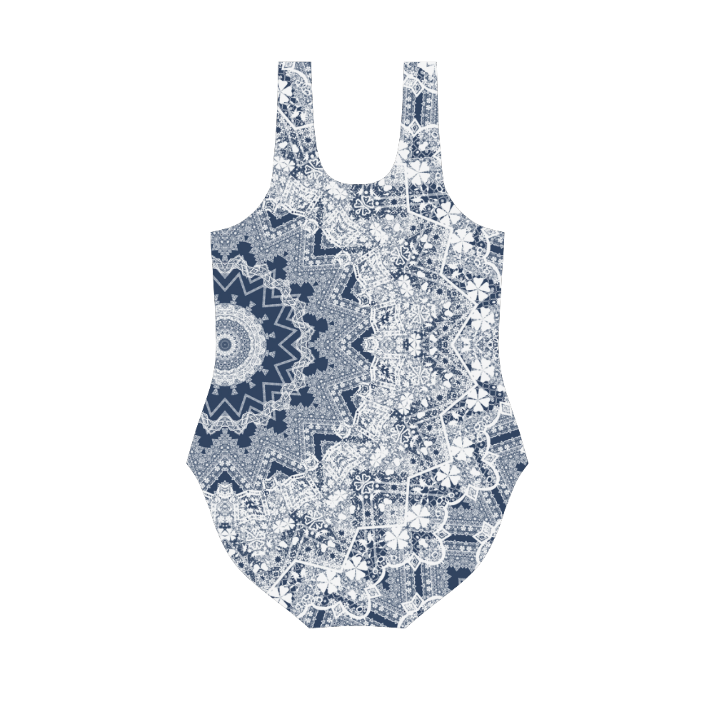 Blue white lace pattern. Vest One Piece Swimsuit (Model S04)