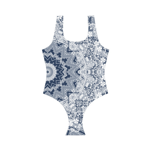 Blue white lace pattern. Vest One Piece Swimsuit (Model S04)