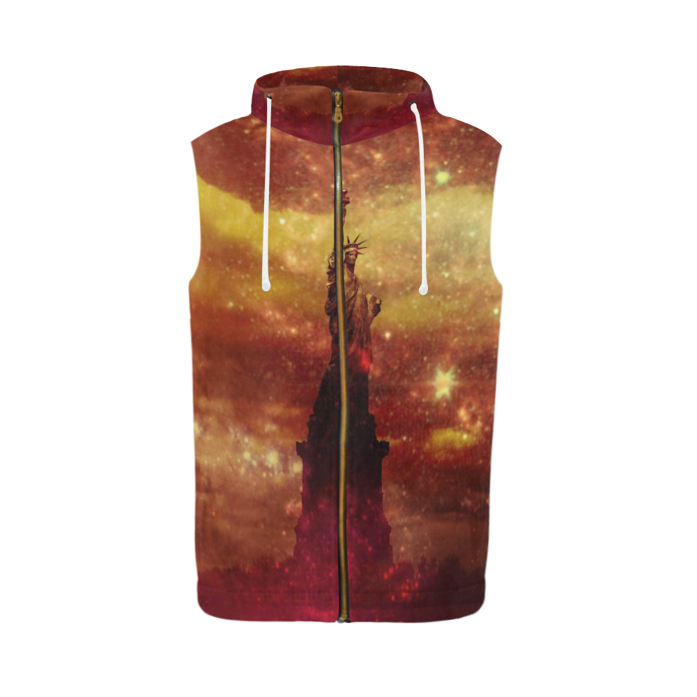 Lady Liberty Yellow Red Stars All Over Print Sleeveless Zip Up Hoodie for Men (Model H16)