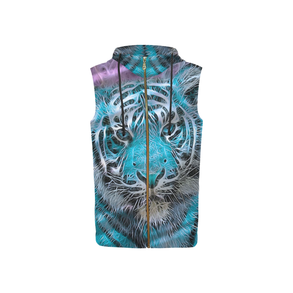 Crazy blue tiger by JamColors All Over Print Sleeveless Zip Up Hoodie for Women (Model H16)