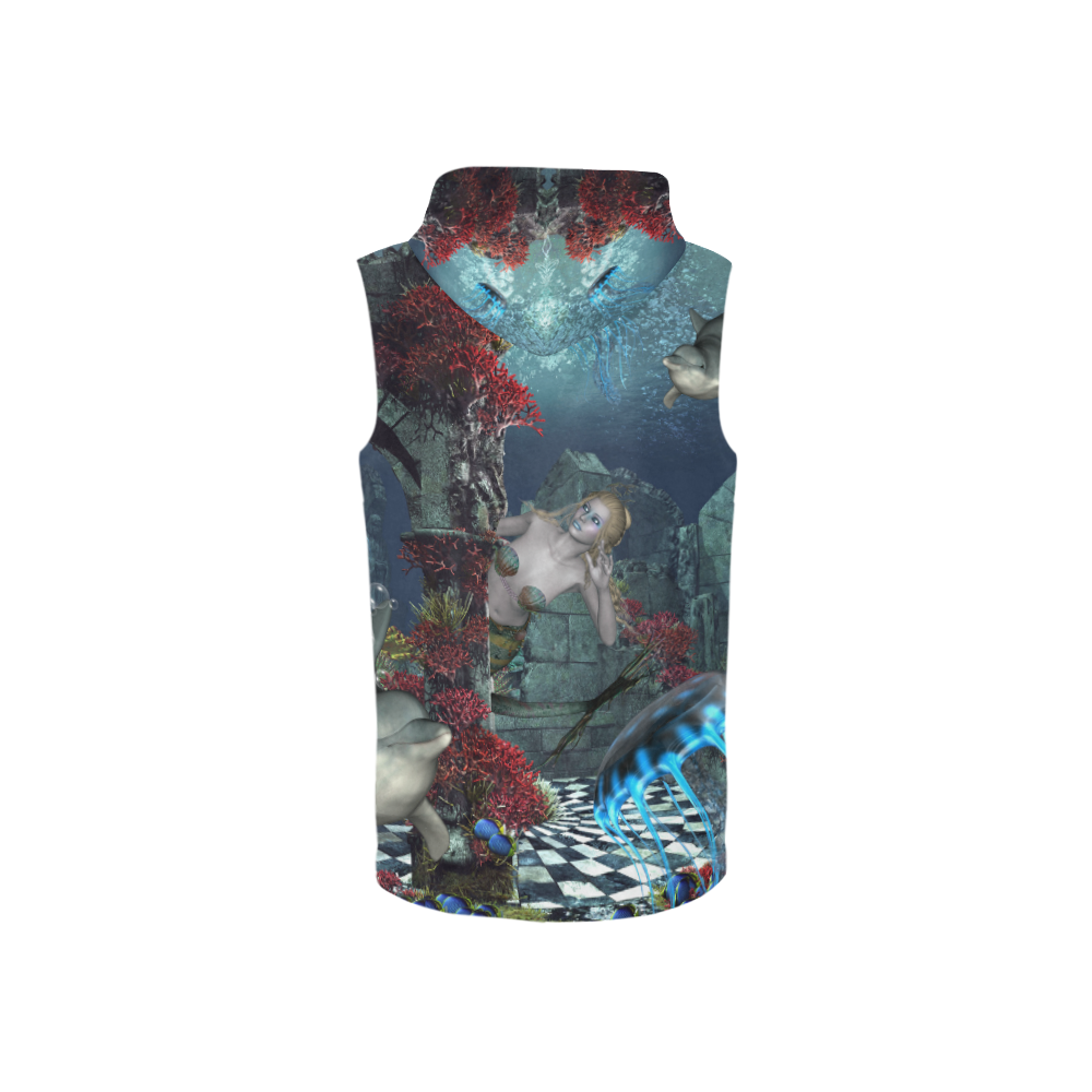 Beautiful mermaid swimming with dolphin All Over Print Sleeveless Zip Up Hoodie for Women (Model H16)