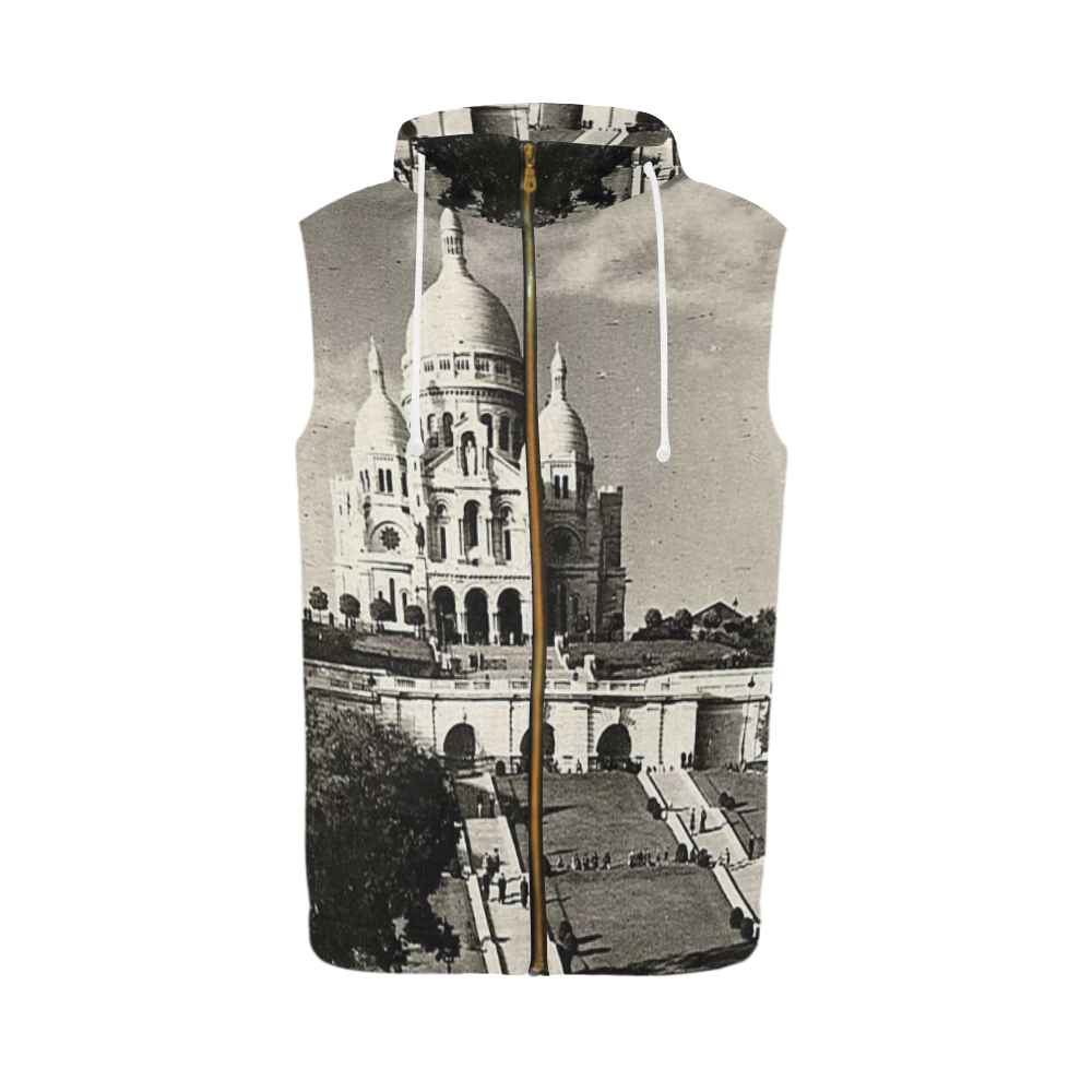Vintage Sacre Coeur in Paris Photo All Over Print Sleeveless Zip Up Hoodie for Men (Model H16)