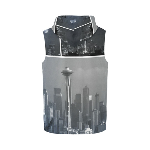 Grey Seattle Space Needle Collage All Over Print Sleeveless Zip Up Hoodie for Men (Model H16)
