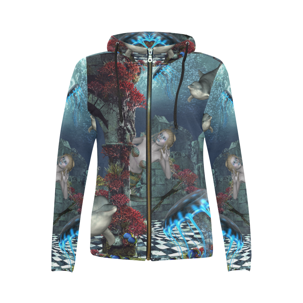 Beautiful mermaid swimming with dolphin All Over Print Full Zip Hoodie for Women (Model H14)