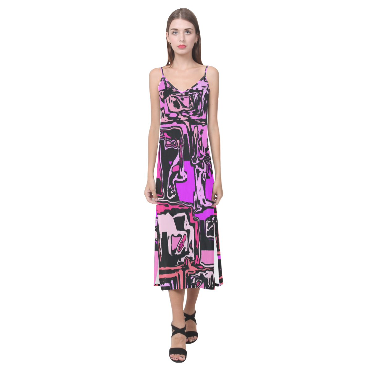 modern abstract 47B by JamColors V-Neck Open Fork Long Dress(Model D18)