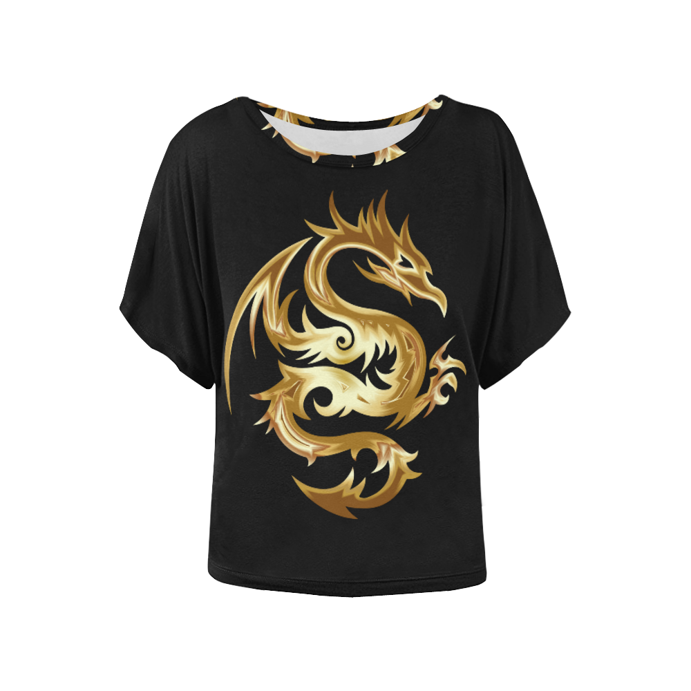 Tribal Tattoo Gold Dragon Women's Batwing-Sleeved Blouse T shirt (Model T44)