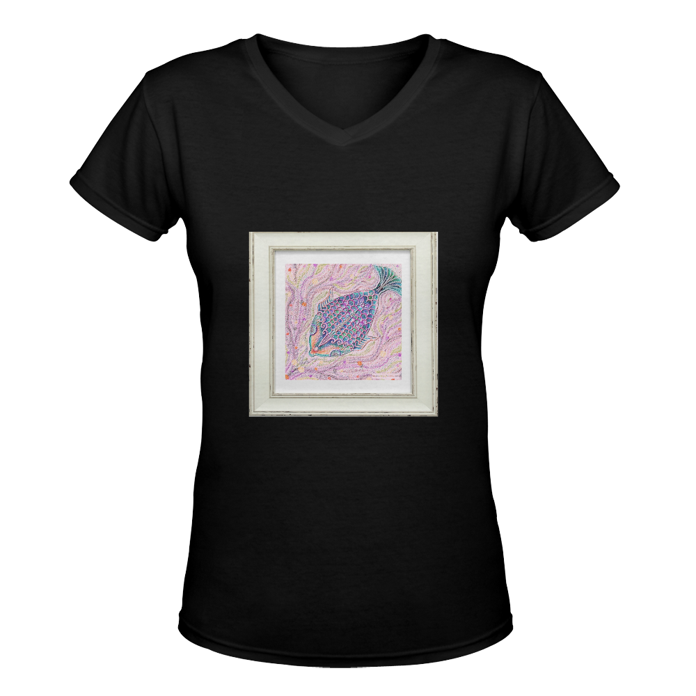 artistic pink fish Women's Deep V-neck T-shirt (Model T19)