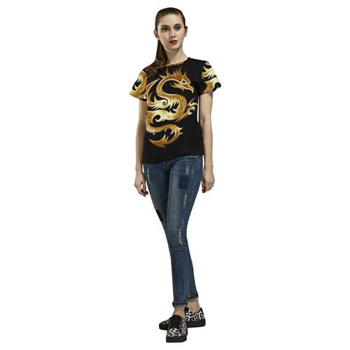 Tribal Tattoo Gold Dragon All Over Print T-Shirt for Women (USA Size) (Model T40)
