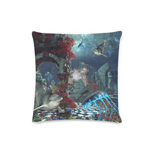 Beautiful mermaid swimming with dolphin Custom Zippered Pillow Case 16"x16"(Twin Sides)