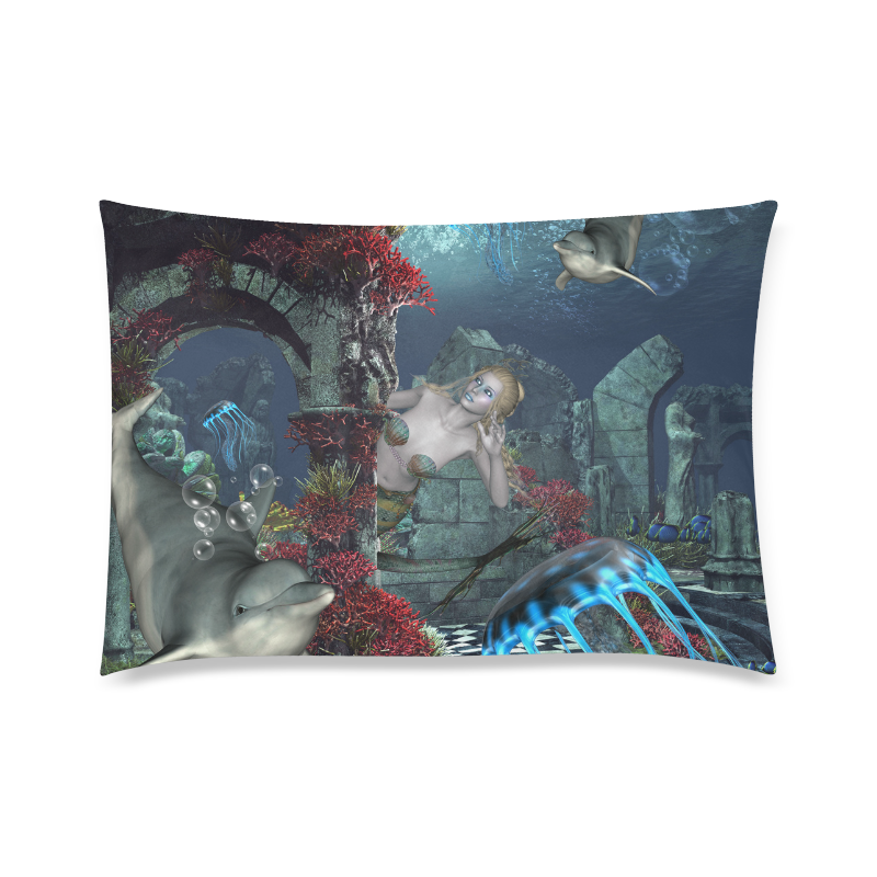 Beautiful mermaid swimming with dolphin Custom Zippered Pillow Case 20"x30"(Twin Sides)