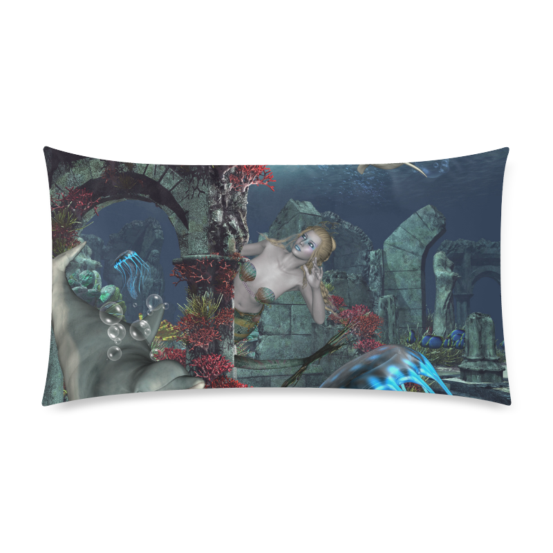 Beautiful mermaid swimming with dolphin Rectangle Pillow Case 20"x36"(Twin Sides)