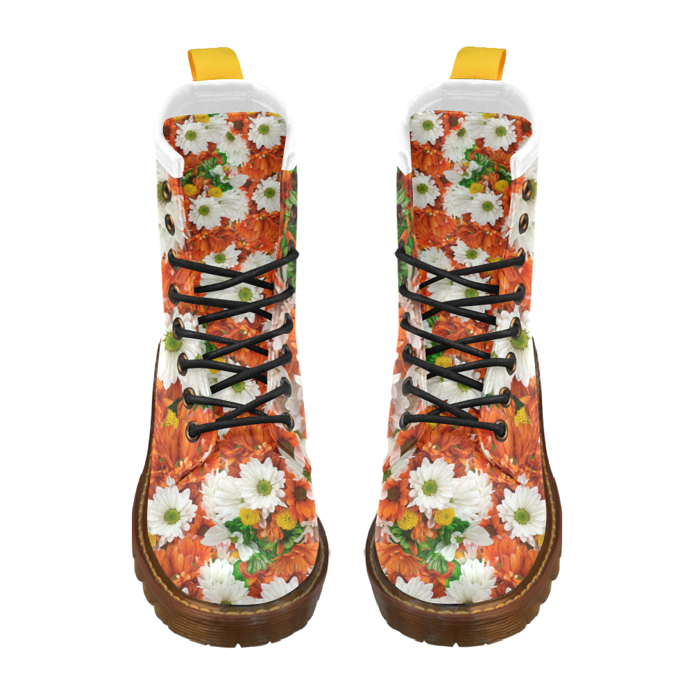 Green Orange Yellow Daisies High Grade PU Leather Martin Boots For Women Model 402H
