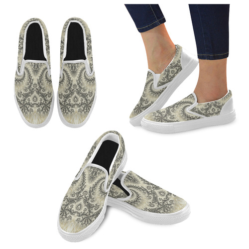 Frax Fractal Beige Black Women's Slip-on Canvas Shoes (Model 019)